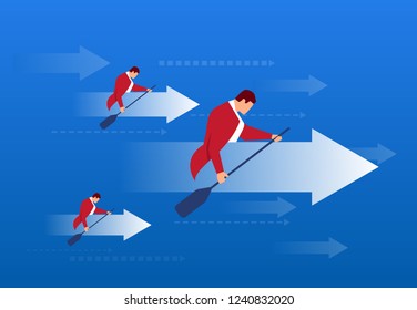 a group of businessmen paddling forward