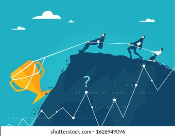 Group of businessmen pulling up the golden trophy on top of the mountain as symbol of success, hard work, solving the problem and high professional achievements. Business concept illustration 
