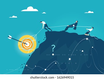 Group of businessmen pulling up target with arrow as symbol of success, hard work, solving the problem and high professional achievements. Business concept illustration 