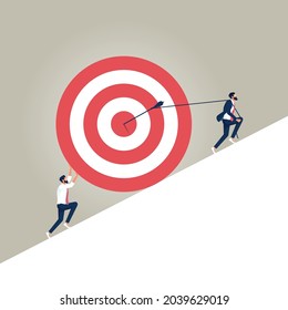 Group of businessmen pulling up target with arrow as symbol of success, hard work, solving the problem and high professional achievements