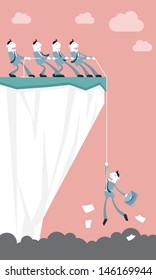 Group of businessmen with a rope pull friend to top of the mountains, business concept teamwork and leadership. Flat design. Isolated vector illustration.