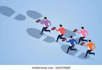 A group of businessmen running along huge footprints