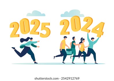 A group of businessmen are running away from 2025 in the old year 2024, a symbol of the new year 2025. vector illustration
