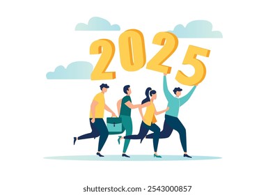 Um grupo de empresários está fugindo de 2025 no ano velho de 2024, um símbolo do novo ano de 2025. ilustração vetorial