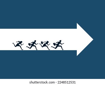 Group of businessmen running in a cave with arrows leading the way. direction of business organization