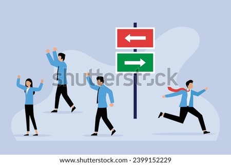 Group of businessmen running in one direction and one businessman in opposite