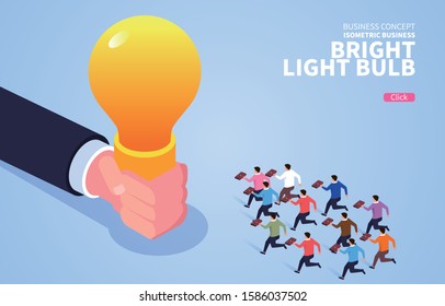 A group of businessmen running towards the bright light bulb in giant hands
