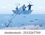 Group of businessmen are sailing on paper boat on ocean. Problem is with moving forward, anchor at bottom prevents company from sailing. Hidden problems, mistakes in business management. flat vector