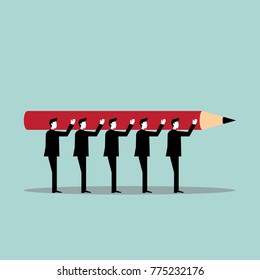 Group of businessmen shouldering big pencil.Concept of teamwork