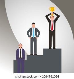 group businessmen standing on the winning podium holding up winning trophy