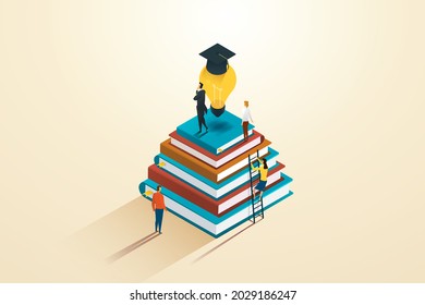 Group of businessmen and students learn and develop themselves from information, creativity and books to success. in work and education. Vector illustration.