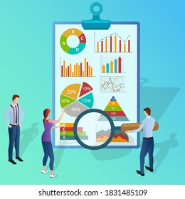 A group of businessmen study infographics .The concept of business management using modern technologies.Flat vector illustration.