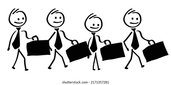 Group of businessmen in suits and briefcases or notebooks. Cartoon stickman stick figure man walking as team. Vector drawing person, businessman.