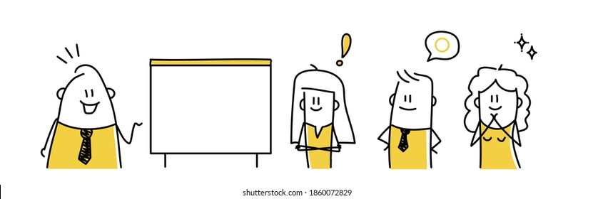 Group of businessmen talking about work strategy. Stick figures with positive emotions. Hand drawn vector illustration.