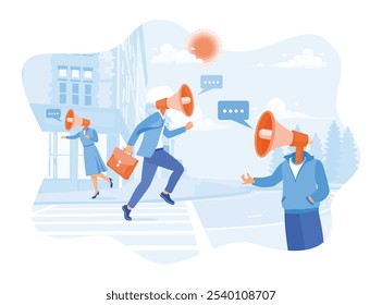 A group of businessmen talking using a megaphone. Walking on hot city streets. Stock market concept. Flat vector illustration.