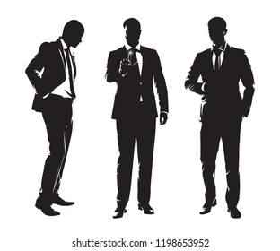 Group of businessmen. Three men in dark suits standing in different poses, set of isolated vector silhouettes. Business people