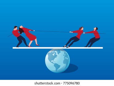 A group of businessmen tug of war on the balance bar