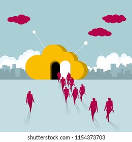 A group of businessmen walk into the cloud symbol. The background is the urban landscape.