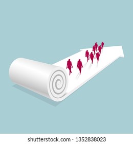 A group of businessmen walk on the carpet with arrow signs. Isolated on blue background.