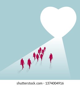A group of businessmen walk towards a heart shaped symbol. Isolated on blue background.