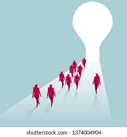 A group of businessmen walk towards the light bulb. Isolated on blue background.