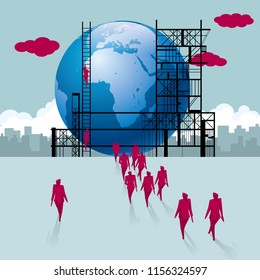 A group of businessmen walked towards a earth. The background is the urban landscape.