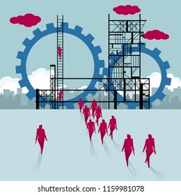 A group of businessmen walked towards huge gear. The background is the urban landscape.	