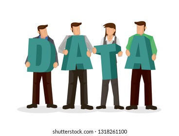 Group of businesspeople carried giant 3D alphabets to form the word Data. Concept of collaboration, teamwork or corporate culture. Isolated vector illustration.
