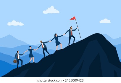 Group of businesspeople climb the mountain. The metaphor of success in business, career, teamwork, progress, leadership, cooperation.