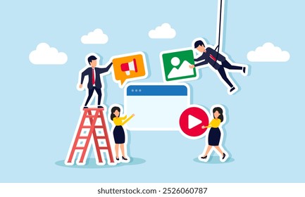 Um grupo de empresários colaborando para fornecer informações sobre estratégias de marketing digital, ilustrando o trabalho em equipe na promoção dos produtos empresariais da empresa.