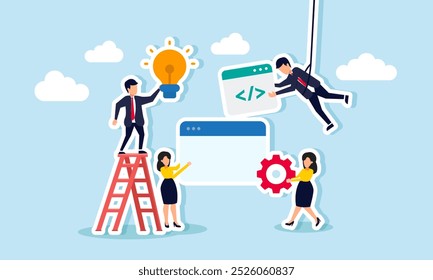 A group of businesspeople collaborating to provide input on programming, engineering, and development, illustrating teamwork in building a business application.