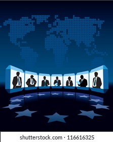 Group businesspeople having video-conference, a large world map in the background