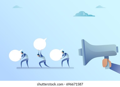 Group Of Businesspeople Hold Chat Bubble From Business Man Boss Hand With Megaphone Flat Vector Illustration
