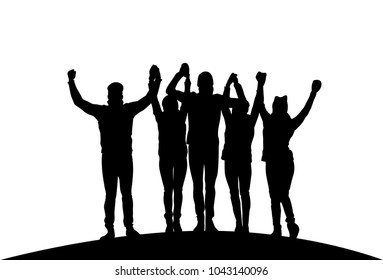 Group Of Businesspeople Holding Raised Hands Happy Successful Team Black Silhouettes Vector Illustration
