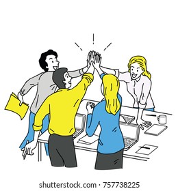Group businesspeople  man   woman  giving high five in business concept corporate  success  congratulation  Outline  linear  thin line art  hand drawn sketch design  simple color style  