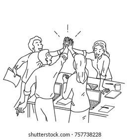 Group of businesspeople, man and woman, giving high five in business concept of corporate, success, congratulation. Outline, linear, thin line art, hand drawn sketch design. 