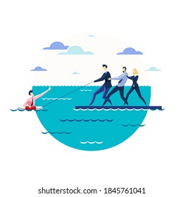 A group of businesspeople on a raft rescues a drowning businessman.