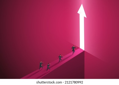 Group businesspeople run go to front of bright big shining arrow in the wall darke pink of the hole at light falls. isometric vector illustration.