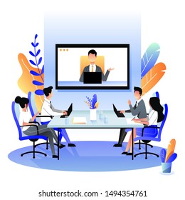 Group Of Businesspeople At The Video Conference Call In Boardroom. Vector Flat Cartoon Illustration. Online Meeting With CEO, Manager Or Director. Business Consulting Concept.