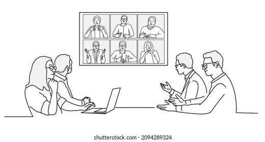 Group of businesspeople at the video conference. Online meeting. Hand drawn vector illustration. Black and white.