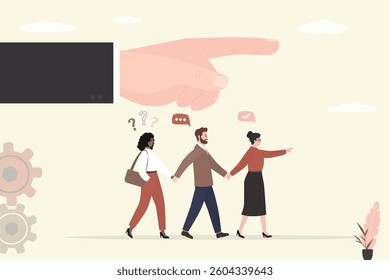 Group of businesspeople walking at right direction. Mentor hand indicates right path of business development, career or education. Mentorship, business coach help business. flat vector illustration