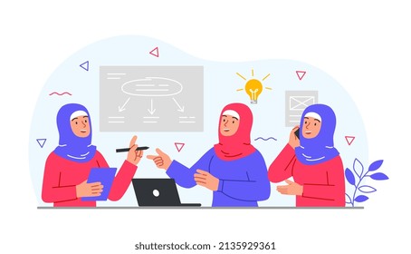 Group of businesswoman in hijab. Muslim girls in office, negotiating and making deal. Company development, poster or banner for site. Traditions and religion, ethnic. Cartoon flat vector illustration