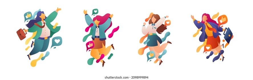 Group of businesswomen jumping happily with raised hands isolated on white background. Team work, business success, achieve results, goals and enrichment. Business concept. Vector illustration.