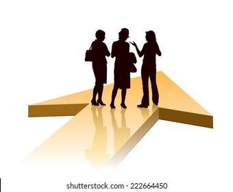 Group of businesswomen standing on a large orange arrow 