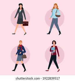 group of businesswomen walking back to office characters vector illustration design