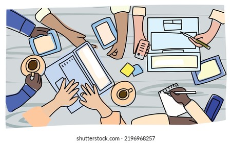 Group of busy business people working in office, top view of wooden table with mobile phones, laptop, tablet and documents papers with diagram. 