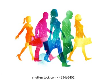 A group of busy men and women commuters walking in the city. Watercolour Vector illustration.