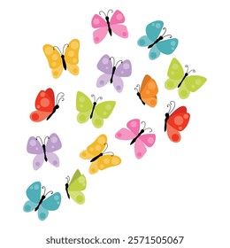 Group of butterflies in flight. Composition of colorful tropical insects flying. Butterfly collection isolated on white background.