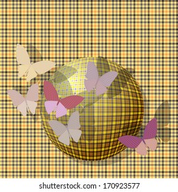 group of butterflies near the ball on the background fabric texture