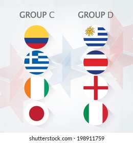 Group C and Group D Teams, Country Flags on stars decorated background.  